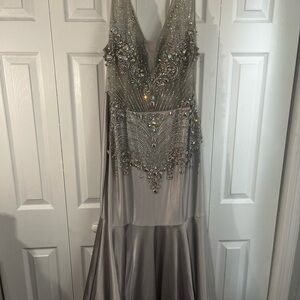 Ina Silver Sleeveless Plunge Prom Gown